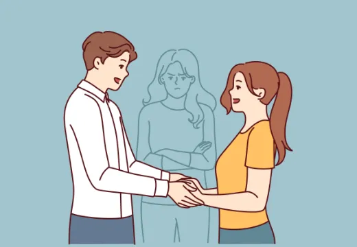 Ein verliebtes Paar hält die Hände während im Hintergrund eine wütende Frau zu sehen ist